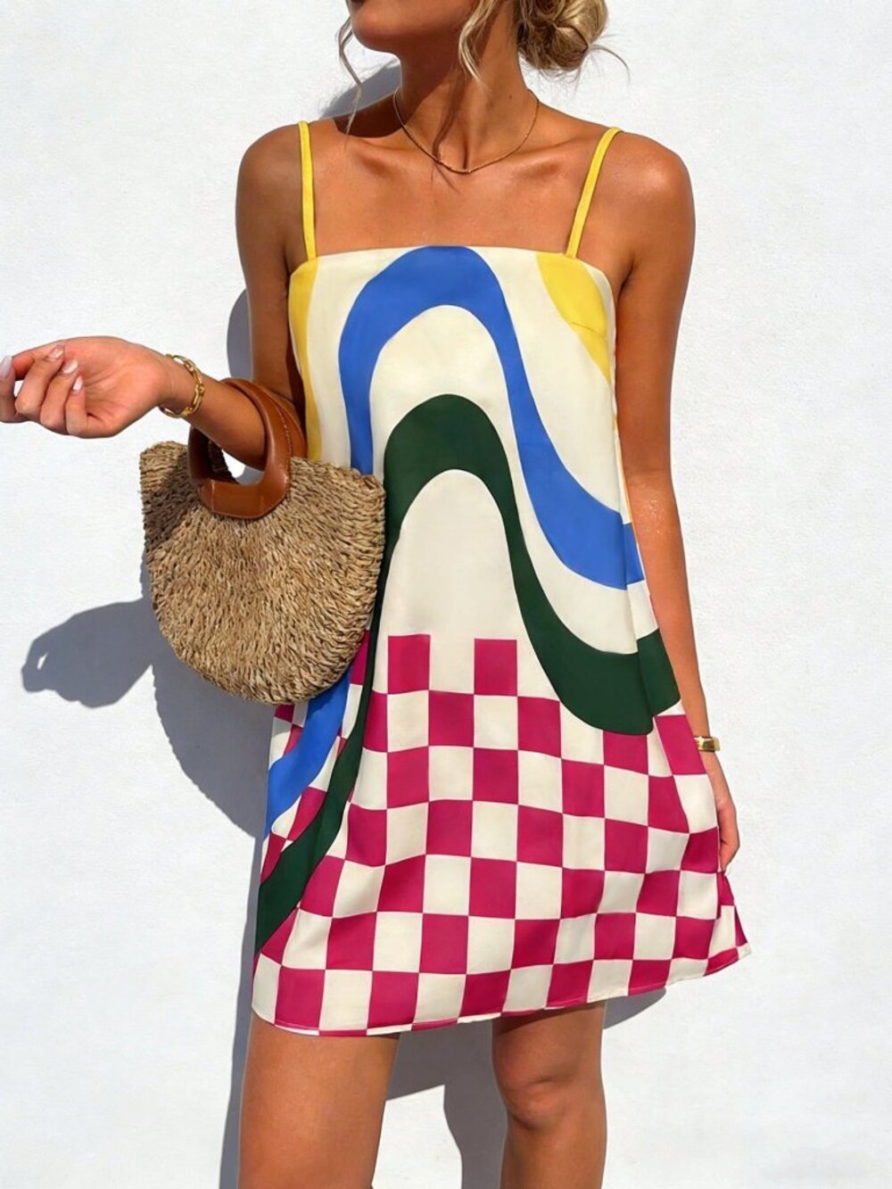 Multicolor Casual Women's  Checkered Color Print Loose Strap Dress - Picture 5 of 6